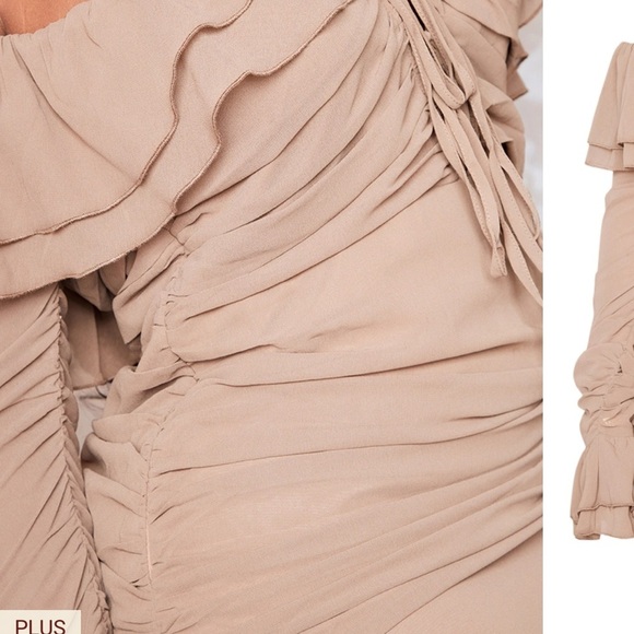 Pretty Little Thing Plus Mocha Bardot Ruffle Detail Shift Dress Size 16 - Picture 5 of 9